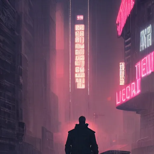 Prompt: A broad shouldered, large man in a techwear outfit, high quality, digital art, dire cyberpunk city, gray sky, neon signs in background, greg rutkowski