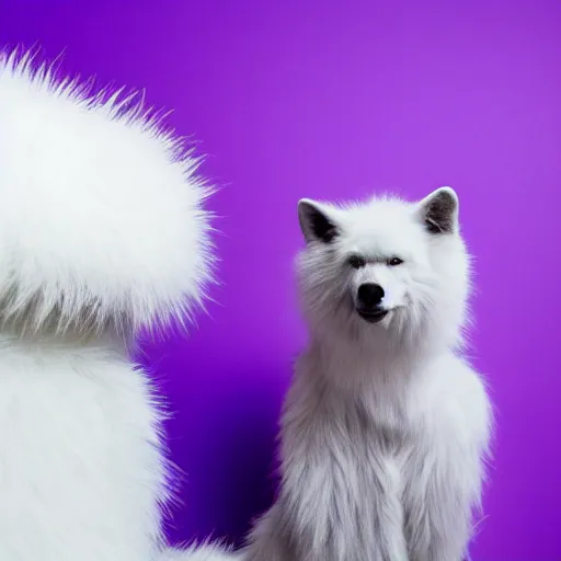 Image similar to A photo of a white fur monster standing in a purple room