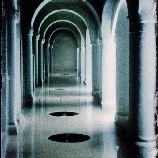 Image similar to Beautiful Fuzzy Polaroid Photograph of an tiled infinite foggy liminal pool hallway with archways and water on the floor