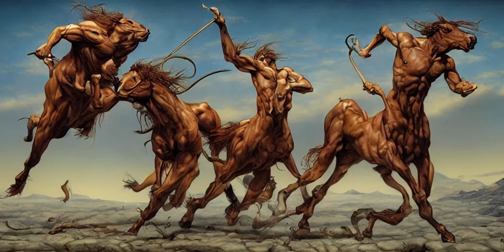 Prompt: centaurs fighting by gerald brom, hyper realistic