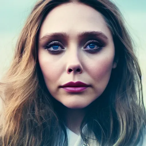 Prompt: A portrait of Elizabeth Olsen, starring in a Lana Del Rey music video, photorealistic imagery, high detail, cinematic, hq