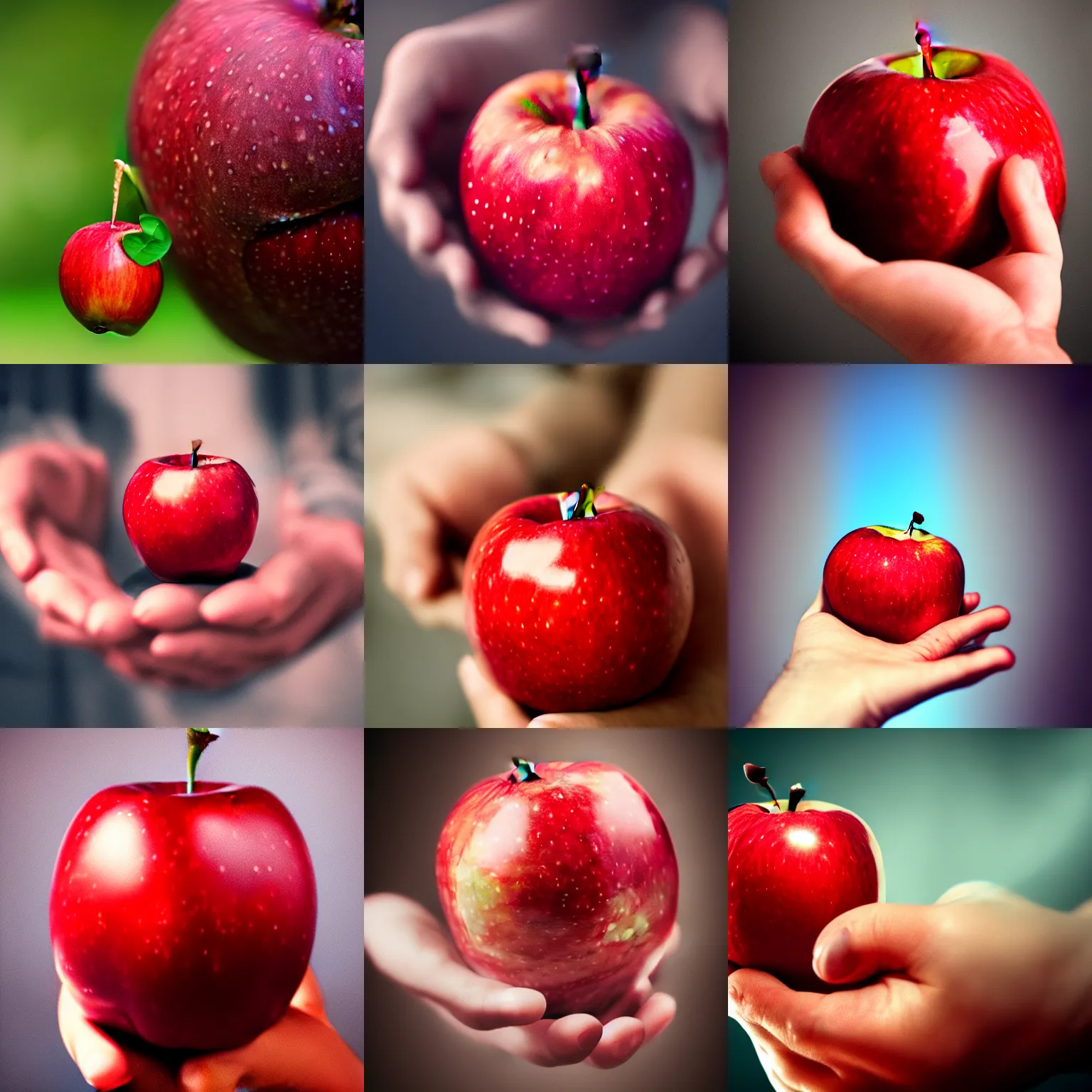 Prompt: Realistic photo of a red apple in an old man\'s Hand, HD, trending on artstation, 8k, beautiful photo, artistic photography