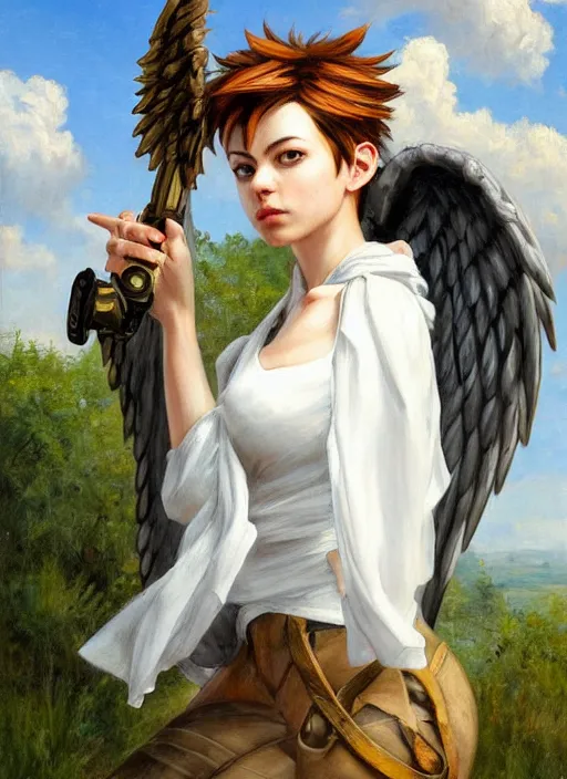 Image similar to oil painting of tracer overwatch in the style of sophie anderson, on knees, angel wings, black outfit, dramatic painting,