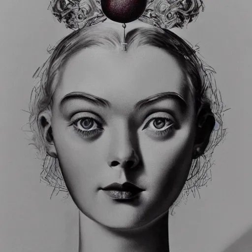 Prompt: A surrealist masterpiece head and shoulders portrait of Elle Fanning, by Dali. 8K. Extremely detailed.