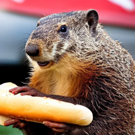Prompt: a groundhog eating a hot dog