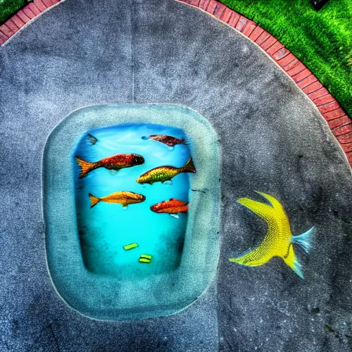 Image similar to a liquid sidewalk with a group of fish swimming inside it [ drone photo ]