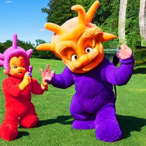 Image similar to goku and dog the bounty hunter playing with the teletubbies