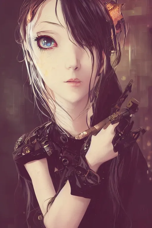 Prompt: portrait of beautiful young gothic anime maiden, cute-fine-face, pretty face, realistic shaded Perfect face, fine details. Anime, cyberpunk, Warhammer, highly detailed, artstation, illustration, art by Ilya Kuvshinov and ((((Gustav Klimt))))