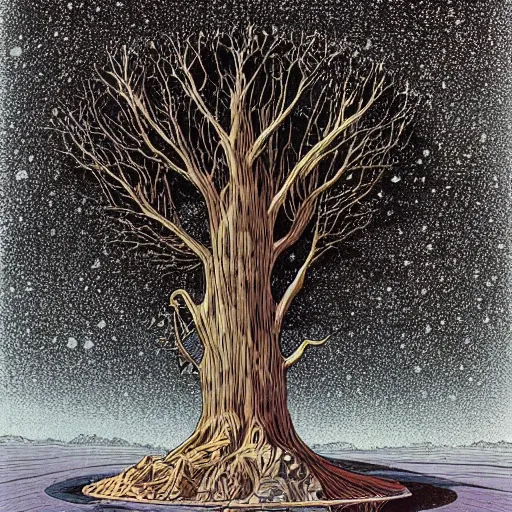 Image similar to a large tree growing from a crystal floating in space, by moebius