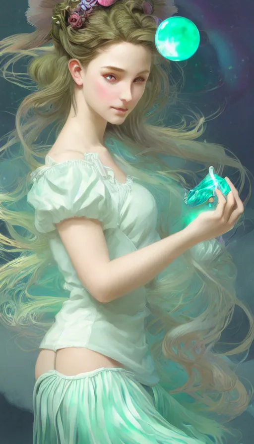 Prompt: portrait of magical girl, dreamy and ethereal, mint green eyes, peaceful expression, ornate frilly dress, fantasy, intricate, elegant, rainbow bubbles, highly detailed, digital painting, artstation, concept art, smooth, sharp focus, illustration, art by artgerm and greg rutkowski and alphonse mucha