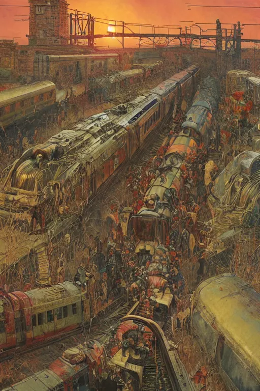 Image similar to trains covered in dripping graffiti paint, by lawrence alma tadema and zdzislaw beksinski and norman rockwell and jack kirby and tom lovell and greg staples and hiroshi yoshid and moebius and loish and artgerm, painterly, symmetrical, ultra detailed, hyper realistic, illustration, sunset lighting