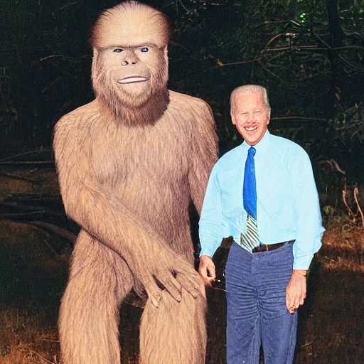 Prompt: us color footage of big foot making trade deals with joe biden, photograph, big foot, award winning photo, 3 5 mm lense, bigfoot