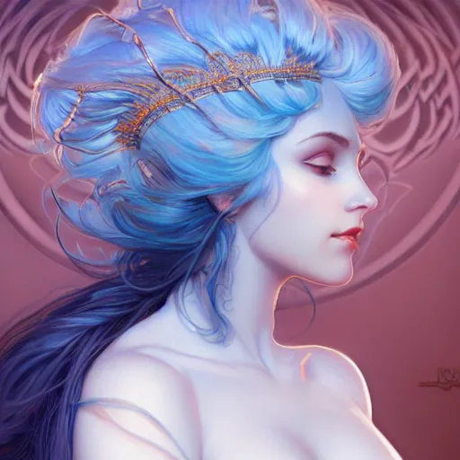 Image similar to goddess, blue hair, intricate, elegant, ethereal, highly detailed, retro, digital painting, artstation, concept art, smooth, sharp focus, full body shot, illustration, art by artgerm and greg rutkowski and alphonse mucha