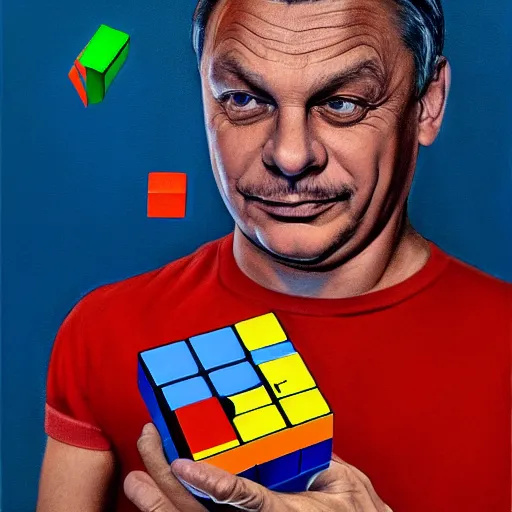 Image similar to portrait of viktor orban in shorts playing with a rubik's cube, confused face, highly detailed illustration by boris vallejo, airbrush painting