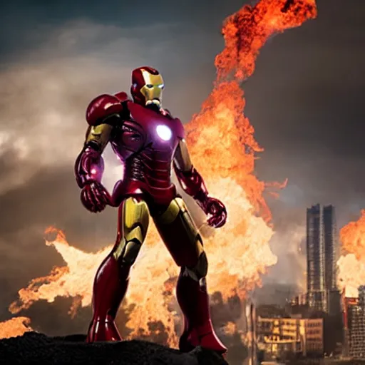 Image similar to < photo hd stunning gritty reimagined gaze = camera > iron man with a flamethrower, burning city in the background < / photo >