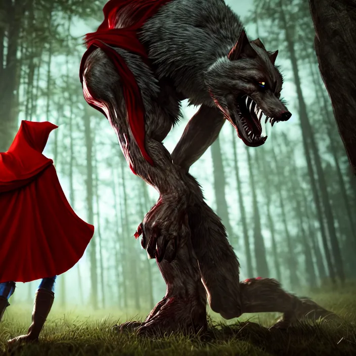 Image similar to beautiful red riding hood warrior confronting a werewolf ,highly detailed, 8k, HDR, award-winning, trending on artstation, octane render