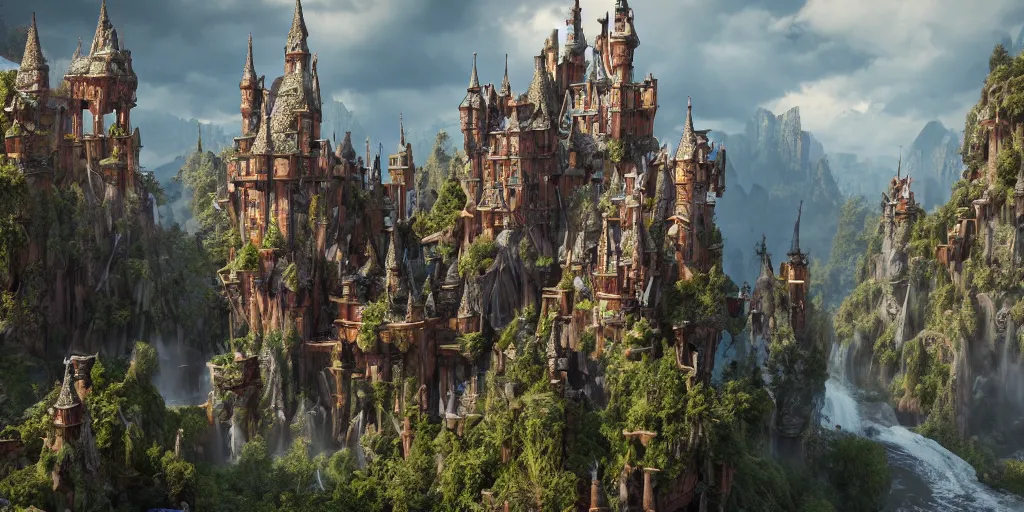 Image similar to a fantasy castle, extremely detailed, Behrens style, unreal 5 render, fantasy digital art, octane render, beautiful composition, trending on artstation, award-winning photograph, masterpiece