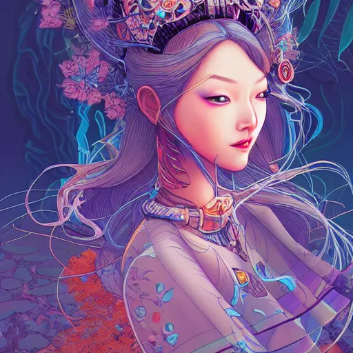 Image similar to ethereal cybernetic princess in the mountains, extremely detailed, sharp focus, wide view, full body shot, smooth, digital illustration, by james jean, by rossdraws, frank franzzeta, sakimichan