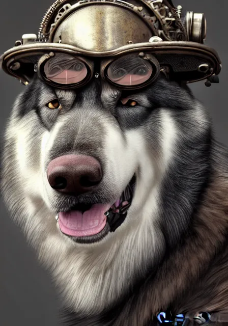 Image similar to hyper realistic ultra - detailed portrait of alaskan malamute face, wearing steampunk hat with goggles and gears, upper body, detective coat, sharp focus, illustration, fantasy style, octane render, concept art, smooth, volumetric lighting, 8 k high definition, intricate, wide shot, by greg rutkowski, highly detailed, trending on art station