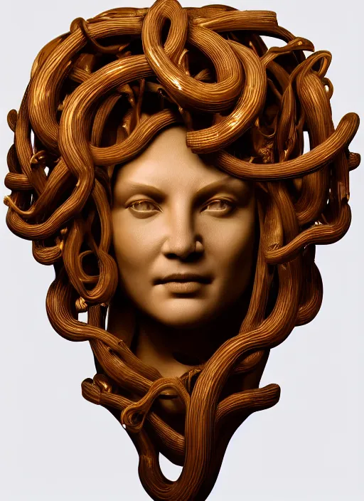 Image similar to carved translucent wax sculpture of medusa, wooden art nouveau swirls, strong subsurface scattering, tubes, gold elements, subsurface scattering, in the style of ruan jia and beeple and giger, subsurface scattering, mystical colors, back light, rim light, dramatic lighting, 8 k, stunning scene, raytracing, octane render, trending on artstation