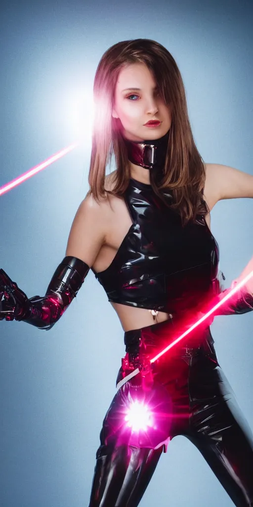 Prompt: woman with laser sword, 4k fashion shoot