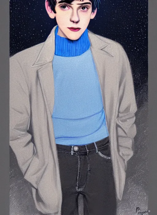 Image similar to portrait of teenage jughead jones wearing a light grey crown, crown, blue turtleneck, 1 9 5 0 s, closed eyes, photorealistic, black hair, glowing lighting, intricate, elegant, glowing lights, highly detailed, digital painting, artstation, concept art, smooth, sharp focus, illustration, art by wlop, mars ravelo and greg rutkowski