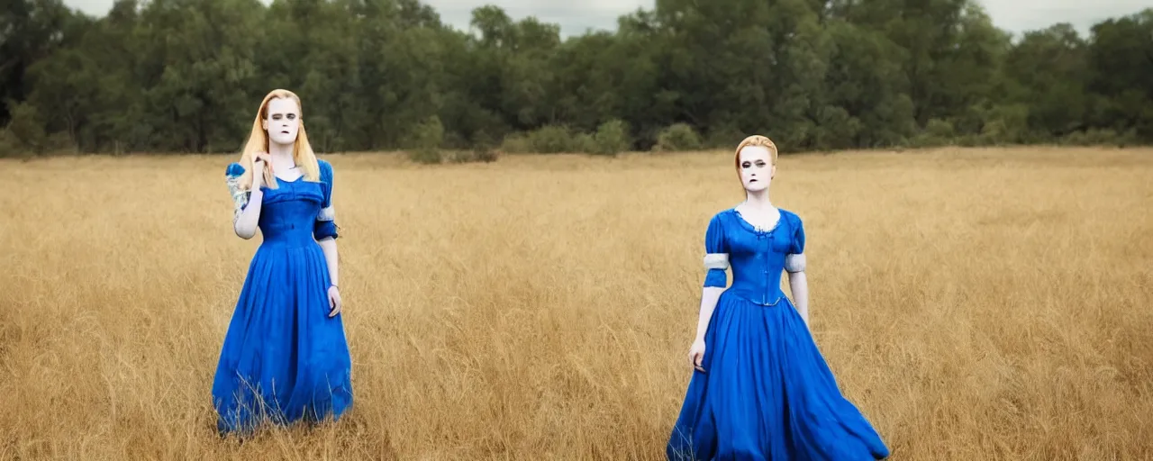 Image similar to evan rachel wood with blonde hair and a maiden blue dress in a field, old west, cinematic lighting, hyperrealistic, one person