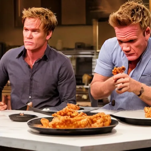 Image similar to dexter morgan and gordon ramsay eating fried chicken