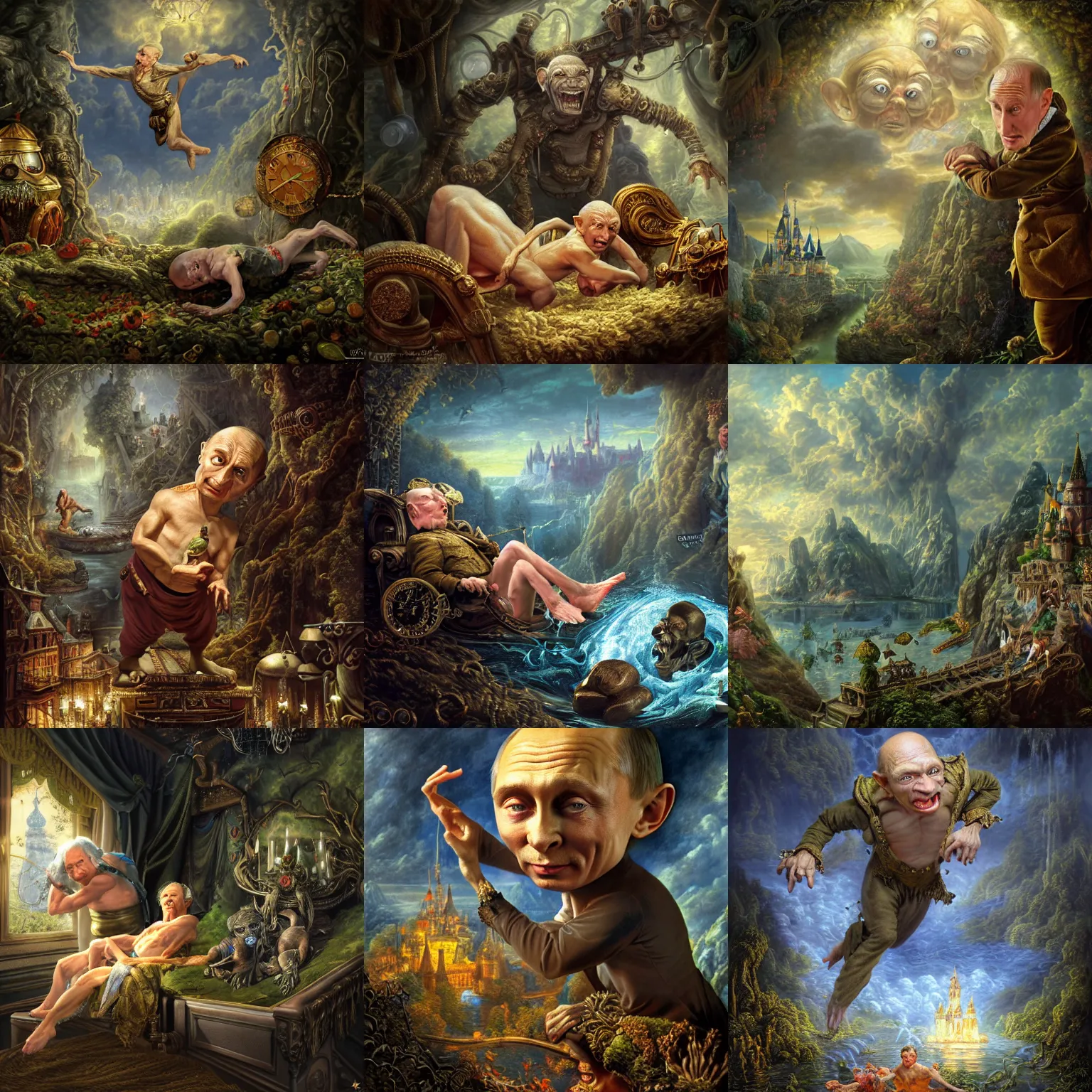 Prompt: Putin as Mystical Gollum, Realistic, Regal, Refined, Detailed Digital Art, Michael Cheval, Walt Disney (1937), François Boucher, Oil Painting, Steampunk, Highly Detailed, Cinematic Lighting, Unreal Engine, 8k