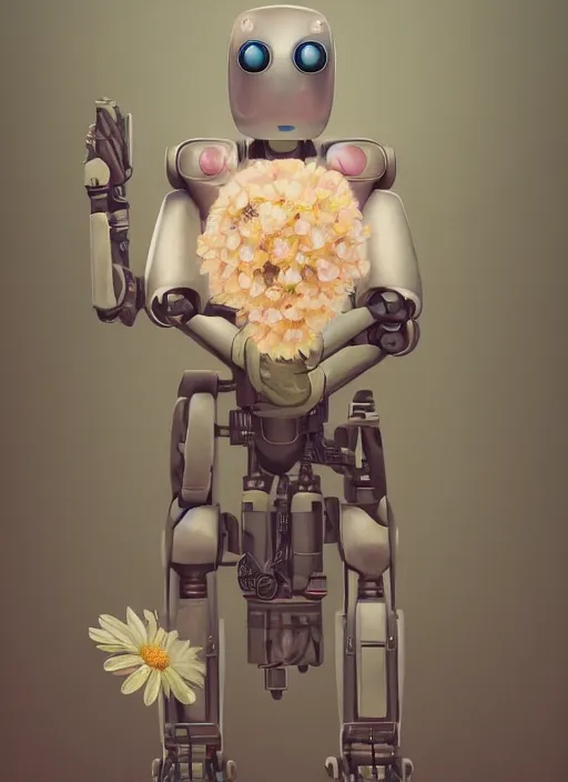 Image similar to detailed full body concept art illustration pastel painting of a robot holding a flower, ultra detailed, digital art, octane render, dystopian, micro detail, 4k