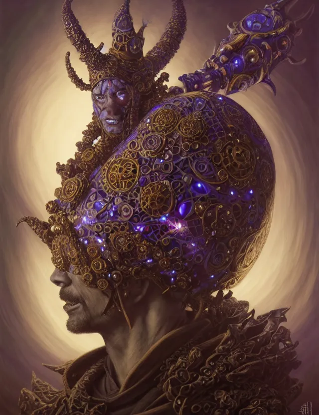 Image similar to front shot of a court jester character, hyperdimensional, bioluminescent hypercubes, ((intricate)), elegant, highly detailed, centered, (((artstation, concept art, smooth, sharp focus, artgerm, Tomasz Alen Kopera, Peter Mohrbacher, donato giancola, Joseph Christian Leyendecker, WLOP, Boris Vallejo))), mugshot!!!!!, ugly!!!!!!, octane render, nvidia raytracing demo, grainy, muted, 8K, digitalblasphemy