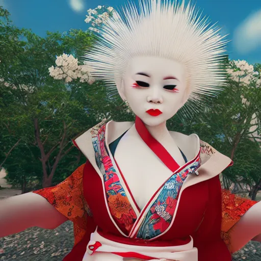 Prompt: beautiful albino maiko in the beach with sakura flowers, detailed background, photograph, award wining, red and white, trending on artstation, punk attitude, 4k, unreal engine 5, octane render, neon highlights