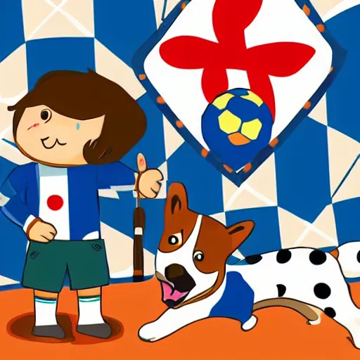 Image similar to illustration of french boy in paris playing football against a corgi, the corgi is wearing a polka dot scarf