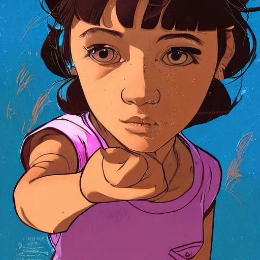 Image similar to a study of cell shaded portrait of Isabela Moner as dora the explorer, concept art, illustration, post grunge, concept art by josan gonzales and wlop, by james jean, Victo ngai, David Rubín, Mike Mignola, Laurie Greasley, highly detailed, sharp focus, alien, hard light, minimal color palette, Trending on Artstation, HQ, deviantart, art by artgem