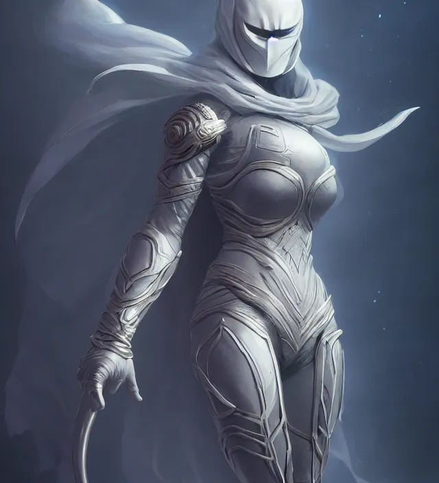 Image similar to female moon knight, hyper detailed, digital art, trending in artstation, cinematic lighting, studio quality, smooth render, unreal engine 5 rendered, octane rendered, art style by klimt and nixeu and ian sprigger and wlop and krenz cushart