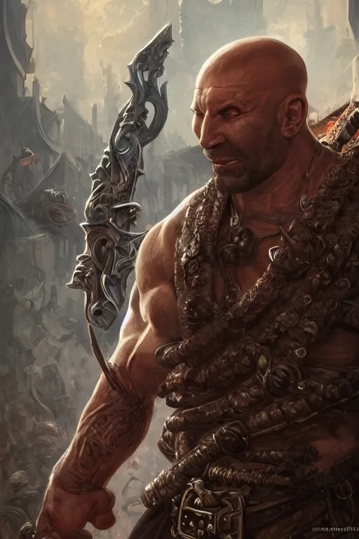 Prompt: ultra realistic illustration, hulking herculean dave bautista as a rogue pirate thief from baldurs gate and diablo, intricate from baldurs gate, elegant, highly detailed, digital painting, artstation, concept art, smooth, sharp focus, illustration, art by artgerm and greg rutkowski and alphonse mucha