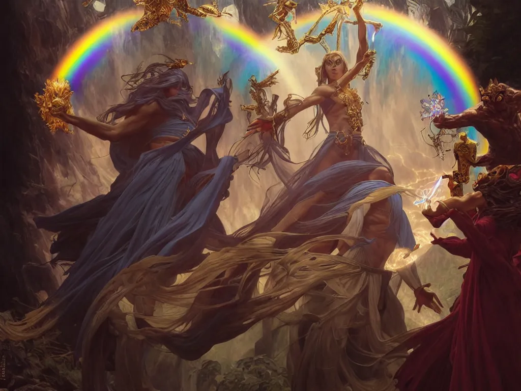 Prompt: painting of powerful stylish sorcerer and a cleric banishing shadow creatures with a rainbow spell, ultra realistic, concept art, intricate details, eerie, highly detailed, photorealistic, octane render, 8 k, unreal engine. art by artgerm and greg rutkowski and magali villeneuve and alphonse mucha