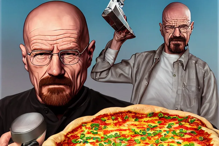 Image similar to a highly detailed portrait of walter white making pizza! in the desert, steaming hot sun in the sky, holding a blowtorch and a pizza peel, intense heat, post - apocalyptic vibe, full body, wide angle, an ultrafine detailed painting by joe fenton, trending on deviantart, pop surrealism, whimsical, lowbrow, perfect symmetrical face, sharp focus, octane, masterpiece