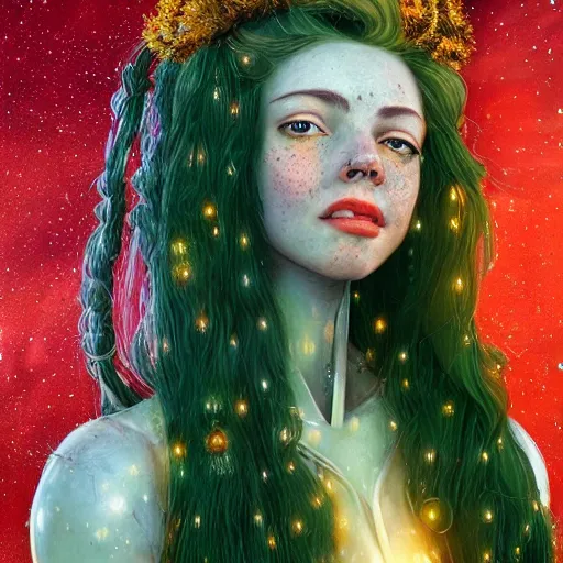 Prompt: a totally amazed smiling pretty robot surrounded by golden firefly lights in a mesmerizing scene, fully covering intricate detailed bohemian outfit, long loose red hair, precise linework, accurate green eyes, small nose with freckles, beautiful smooth oval head, expressive emotions, hyper realistic ultrafine portrait by artemisia gentileschi, jessica rossier, greg rutkowski, artgerm