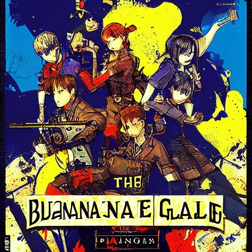 Image similar to The Banana Blue Gang, game poster printed on playstation 2 video game box , Artwork by Akihiko Yoshida, cinematic composition