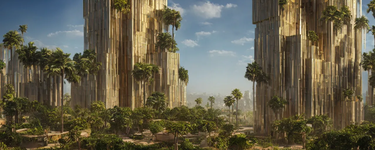 Image similar to contemporary golden babylon tower, sacred ancient architecture, hanging gardens, cascading highrise, arid mountains with lush palm forest, sunlight, post - production, octane, cgi, sfx