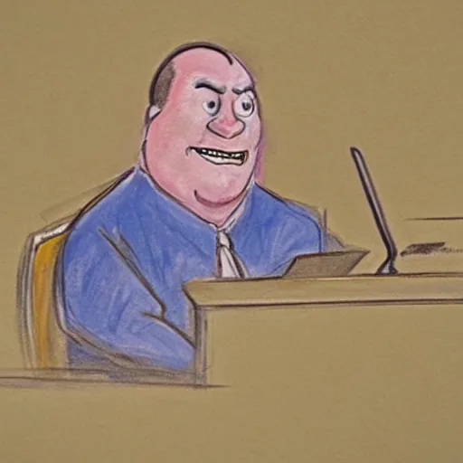 Image similar to courtroom sketch of the mcdonald ’ s character grimace sitting in the witness stand looking fearful