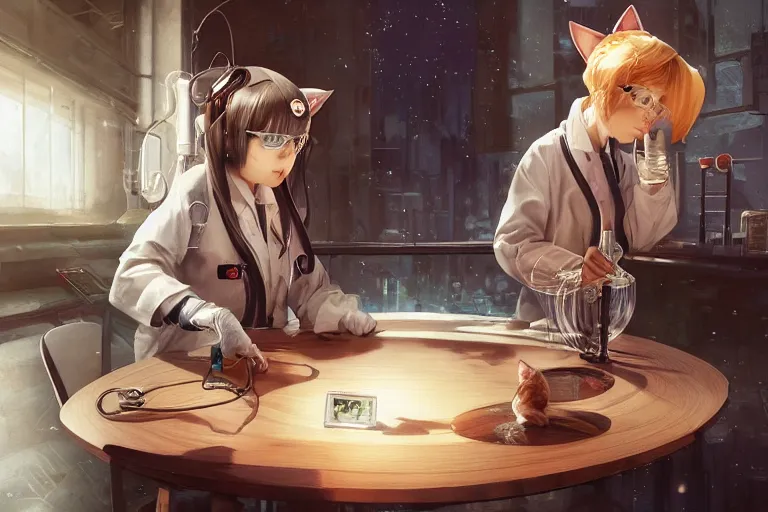 Image similar to neko woman scientist with cat ears wearing a lab coat looking at a measuring device on a table, highly detailed illustration, digital art, 4 k, by yoshitaka amano, by greg rutkowski, by dan mumford, beautiful face, warm lighting, atmoshpheric, trending on artstation, oil painting