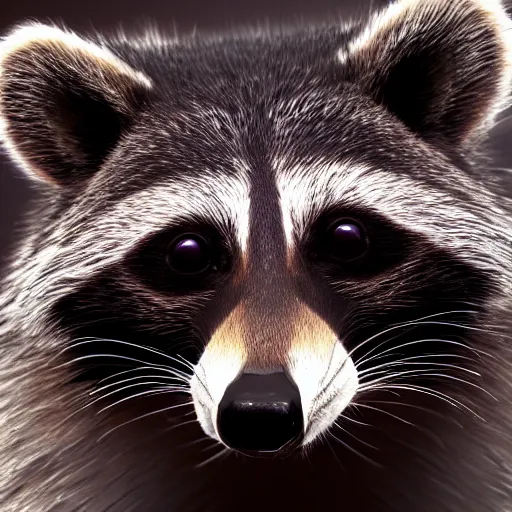 Image similar to a hyperrealistic octane render of a raccoon with camera lenses for eyes, photorealism, unreal engine, dramatic lighting, volumetric lighting, uplighting