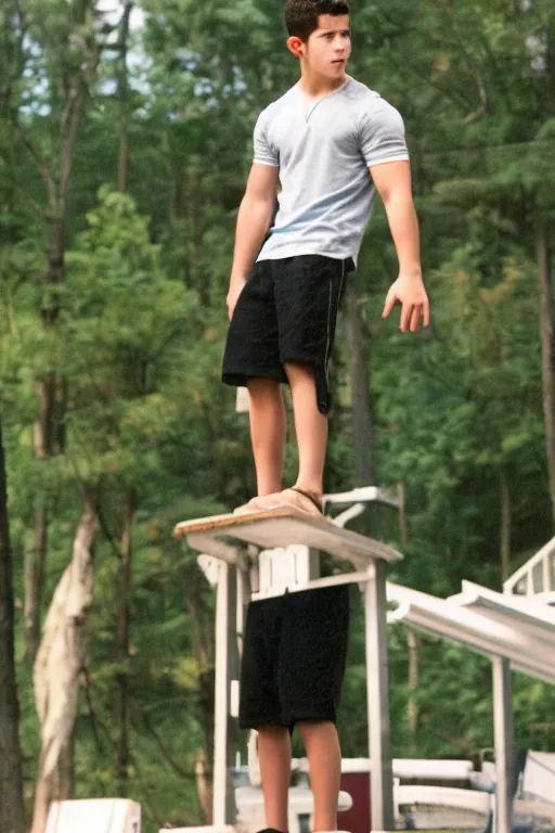 Image similar to close up still shot of young nick jonas standing on the diving board, 3 5 mm, highly detailed, disney channel original movie camp rock, dynamic lighting