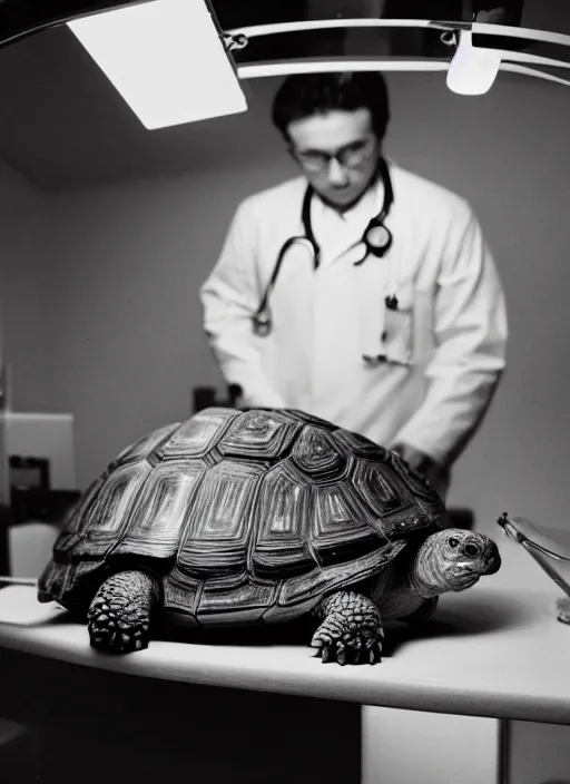 Image similar to doctor examining a small tortoise under bright operating room lights, closeup, 2 4 mm wide angle, technicolor