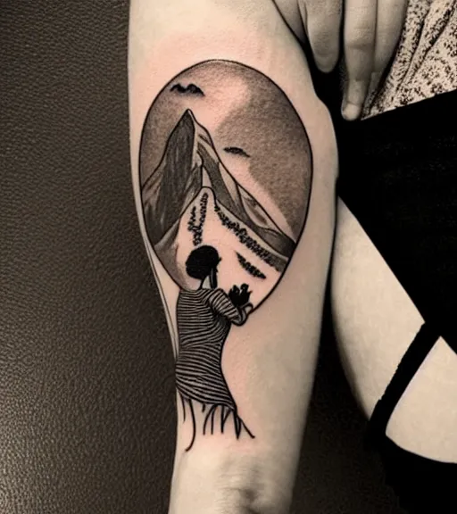 Image similar to tattoo design of beautiful woman against a background of beautiful mountains and nature, in the style of den yakovlev, black and white, hyper realistic, highly detailed