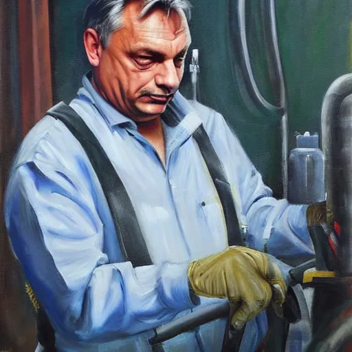 Image similar to viktor orban welding, oil painting