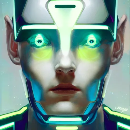 Image similar to symmetry!! a sci-fi portrait, oil painting, colourful!! illustration of Clu from Tron, colourful, by Justin Sweet and Greg Rutkowski and Alphones Much