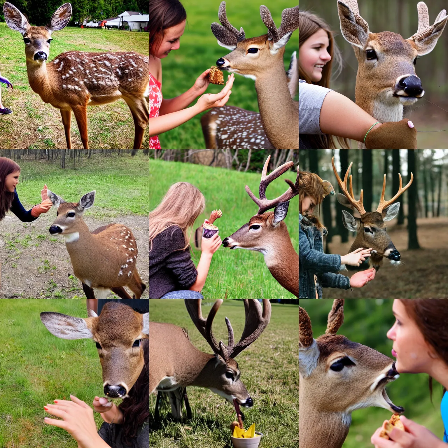 Prompt: A deer eating treats out of the handpalm of a teenage girl